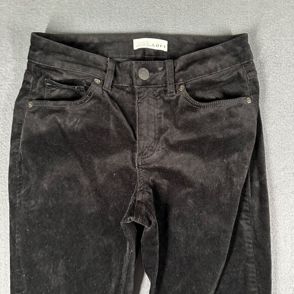 LOFT Womens 2/26 Black Mid Rise Velvet Flat Front Curvy Skinny Pants Pockets - Picture 3 of 13